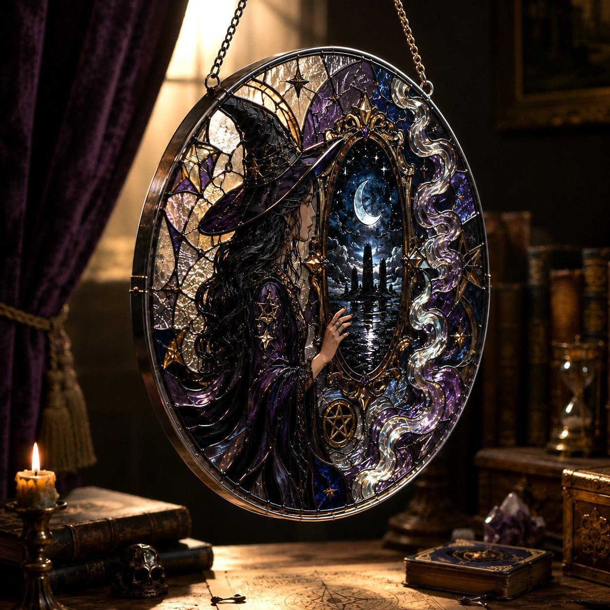 Black Mirror Witch Moon Realm Glass Suncatcher - close up detail