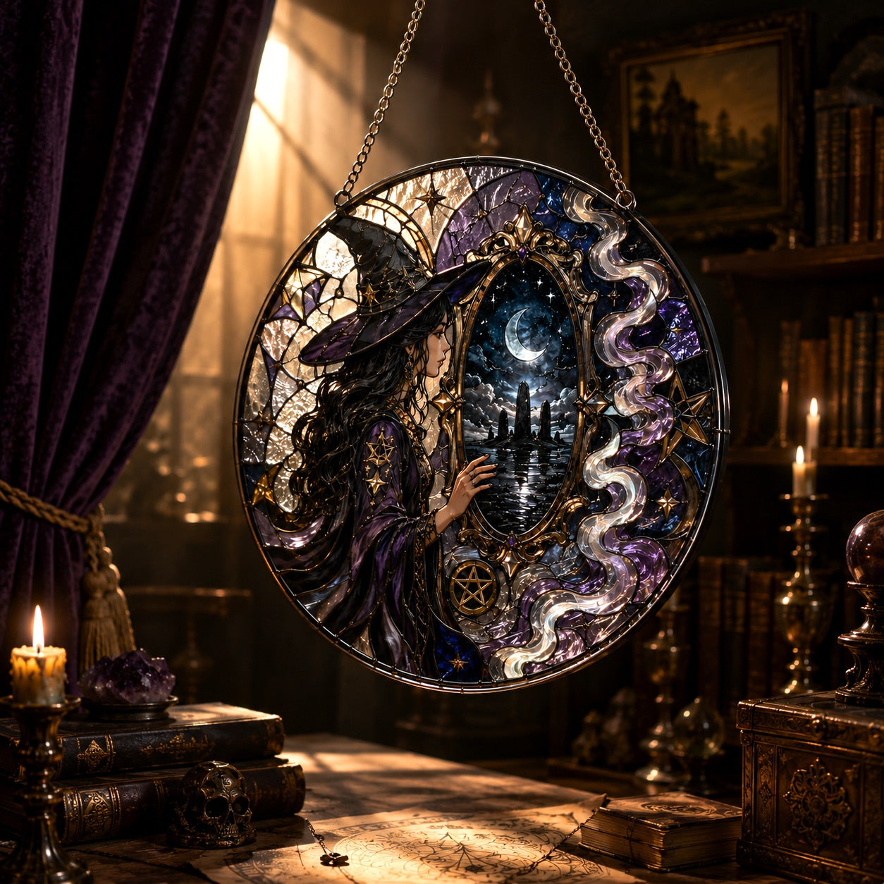 Black Mirror Witch Moon Realm Glass Suncatcher - sunlight glow