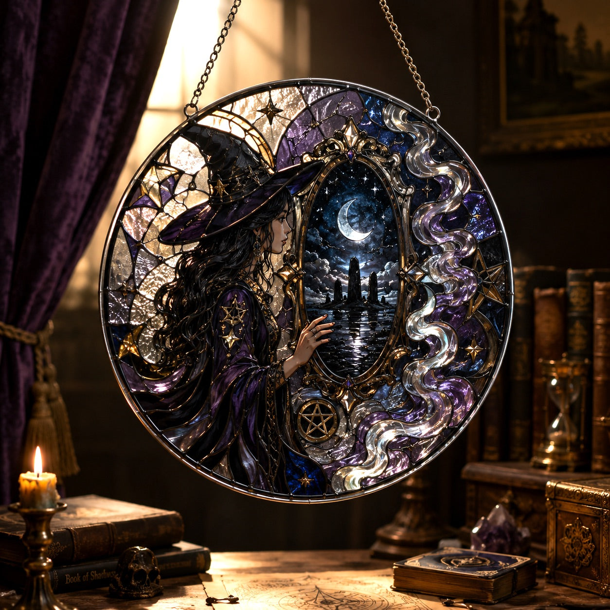 Black Mirror Witch Moon Realm Glass Suncatcher - window display