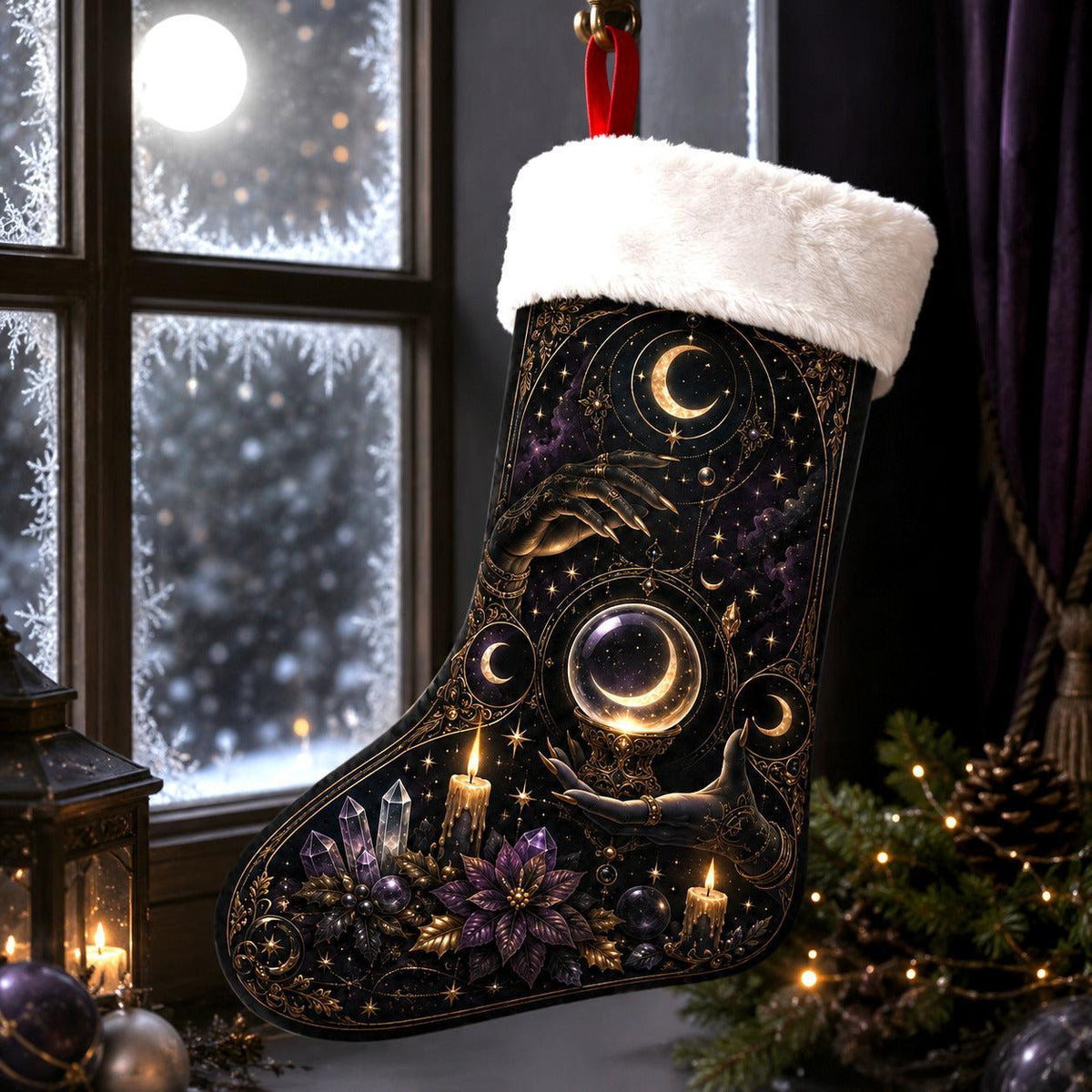 Black Moon Orb Christmas Stocking Occult Gold Yule Altar Decor