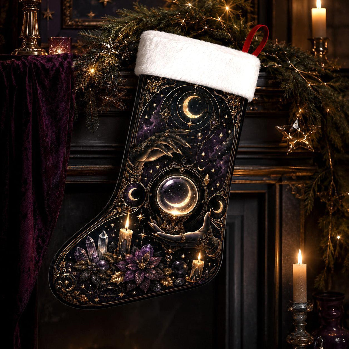 Black Moon Orb Christmas Stocking Occult Gold Yule Altar Decor, styled shot 3