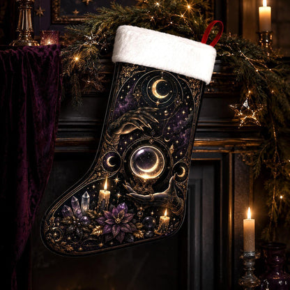 Black Moon Orb Christmas Stocking Occult Gold Yule Altar Decor, styled shot 3