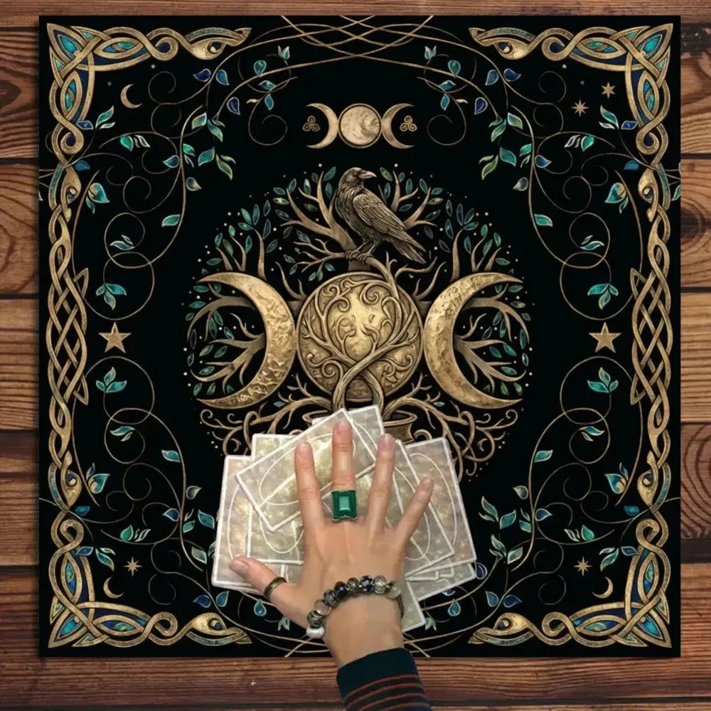 Nordic black raven world tree Celtic knot altar cloth – Wiccan shadow work tarot divination mat