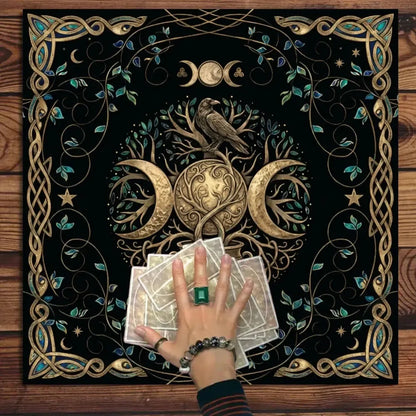 Nordic black raven world tree Celtic knot altar cloth – Wiccan shadow work tarot divination mat