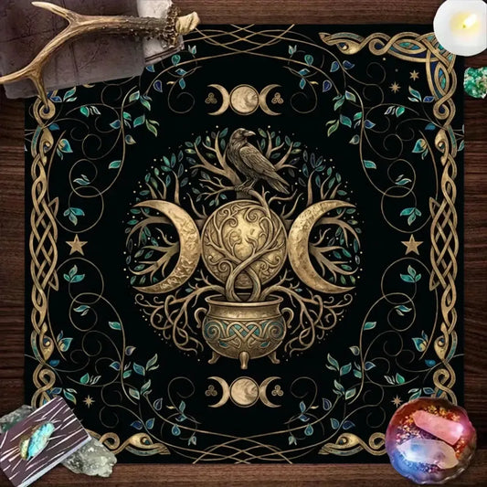 Black Nordic Raven Triple Goddess Altar Cloth with Celtic knot – Wiccan tarot crystal healing ritual mat