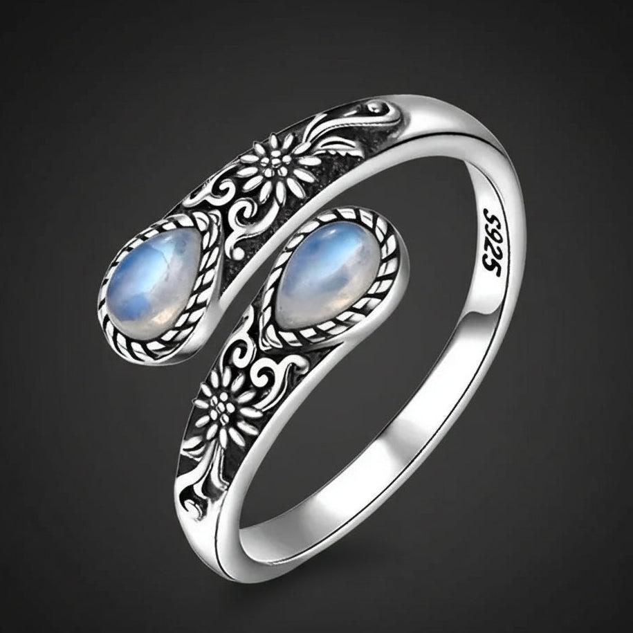 Black Onyx and Moonstone Ring Celtic Witch Ring Wicca Jewelry-MoonChildWorld