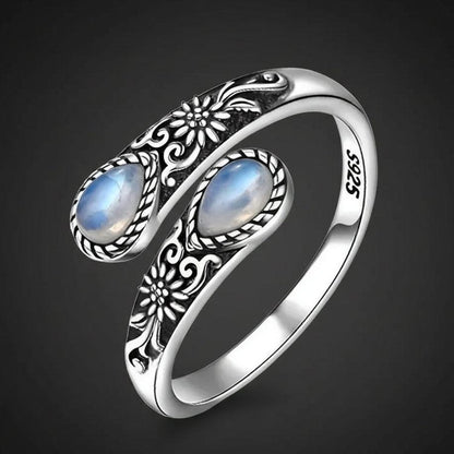 Black Onyx and Moonstone Ring Celtic Witch Ring Wicca Jewelry-MoonChildWorld