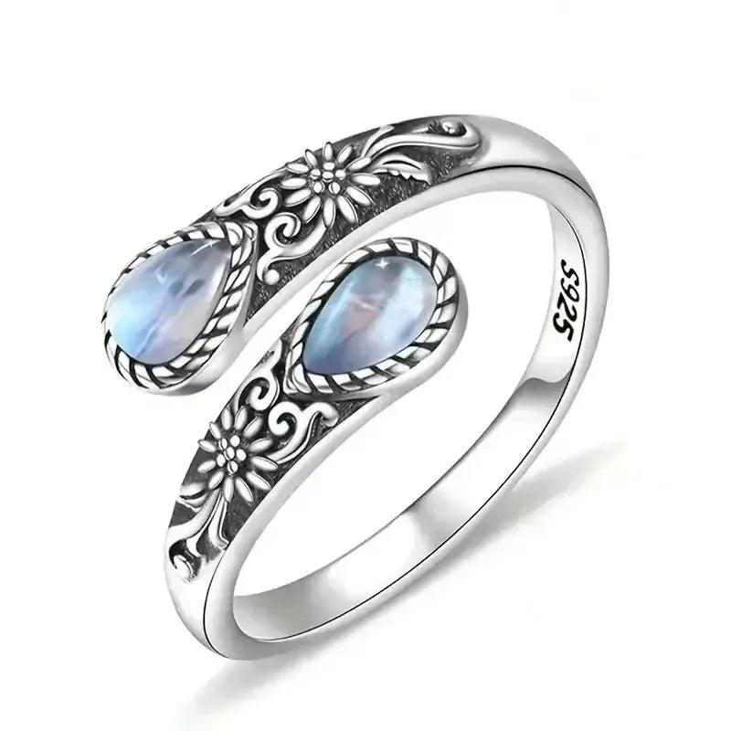 Black Onyx and Moonstone Ring Celtic Witch Ring Wicca Jewelry-MoonChildWorld