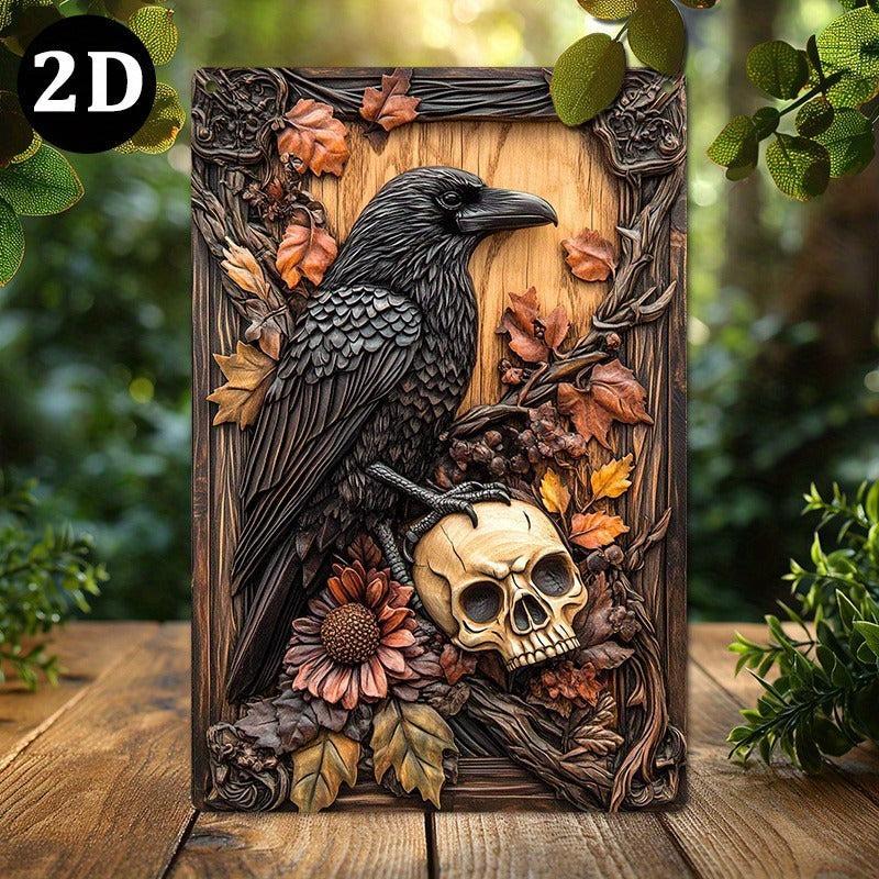 Black Raven Metal Sign Gothic Crow Wall Art Spooky Halloween Welcome Sign-MoonChildWorld