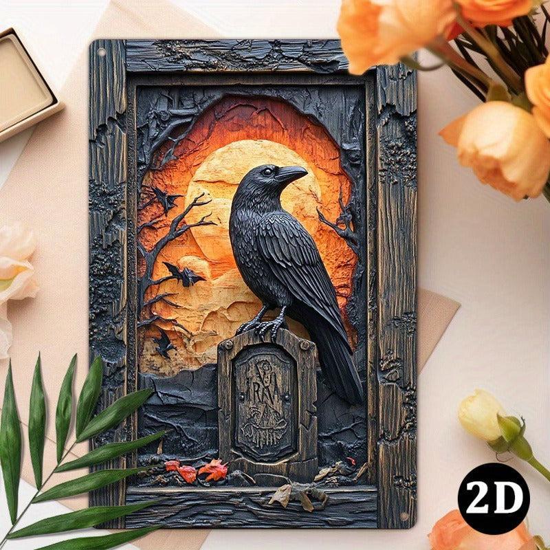 Black Raven Metal Sign Gothic Crow Wall Art Spooky Halloween Welcome Sign-MoonChildWorld