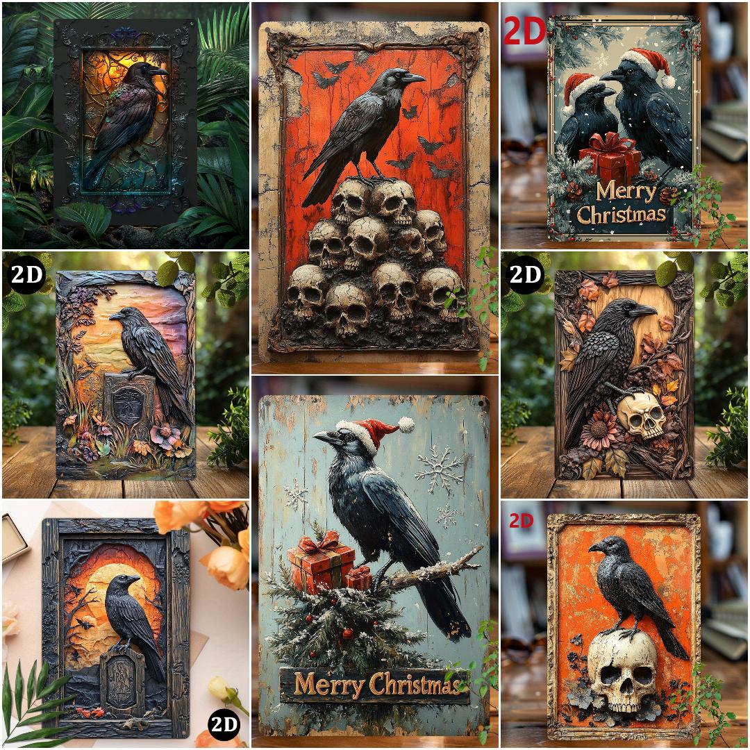 Black Raven Metal Sign Gothic Crow Wall Art Spooky Halloween Welcome Sign-MoonChildWorld