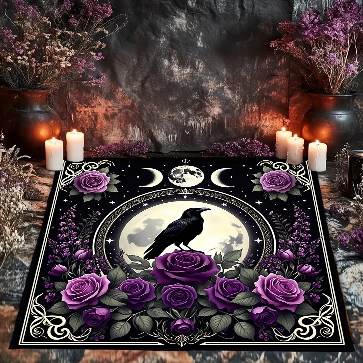 Black Raven Moon Phase Tarot Altar Cloth-MoonChildWorld