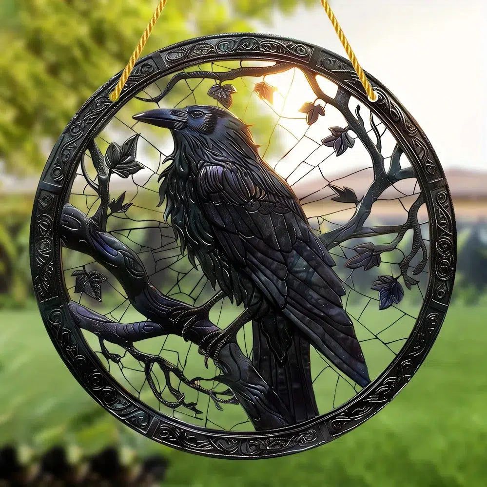 Black Raven Suncatcher Crow Gothic Acrylic Round Sign Halloween Window Hanging Decor-MoonChildWorld