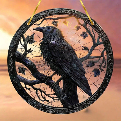 Black Raven Suncatcher Crow Gothic Acrylic Round Sign Halloween Window Hanging Decor-MoonChildWorld
