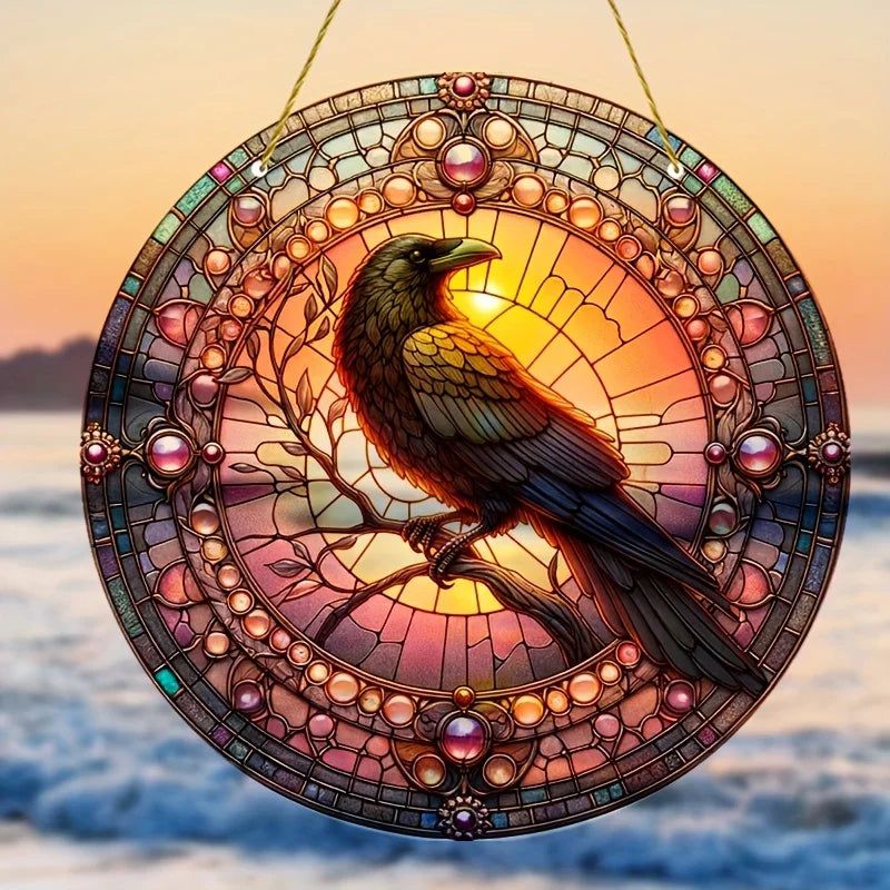 Black Raven Suncatcher Dark Crow Witchy Acrylic Round Sign Gothic Home Decor-MoonChildWorld