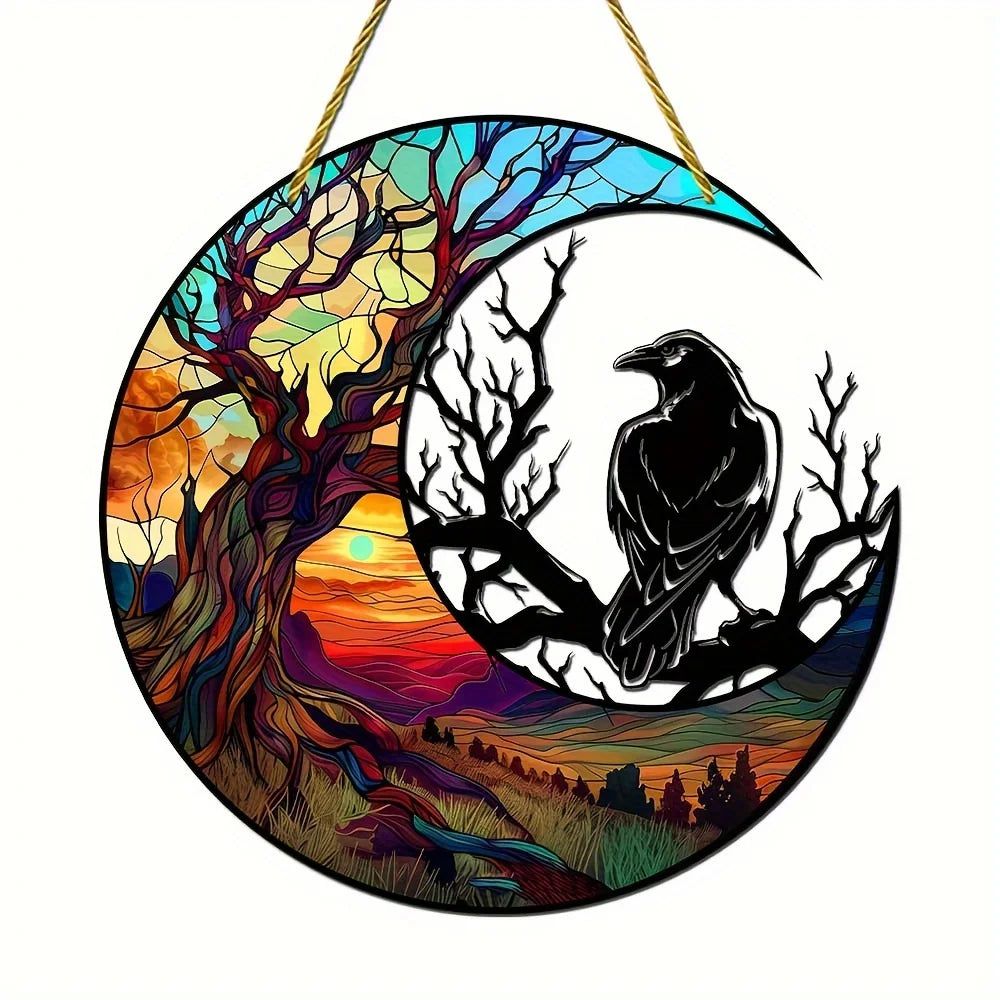 Black Raven Suncatcher Dark Crow Witchy Acrylic Round Sign Gothic Home Decor-MoonChildWorld