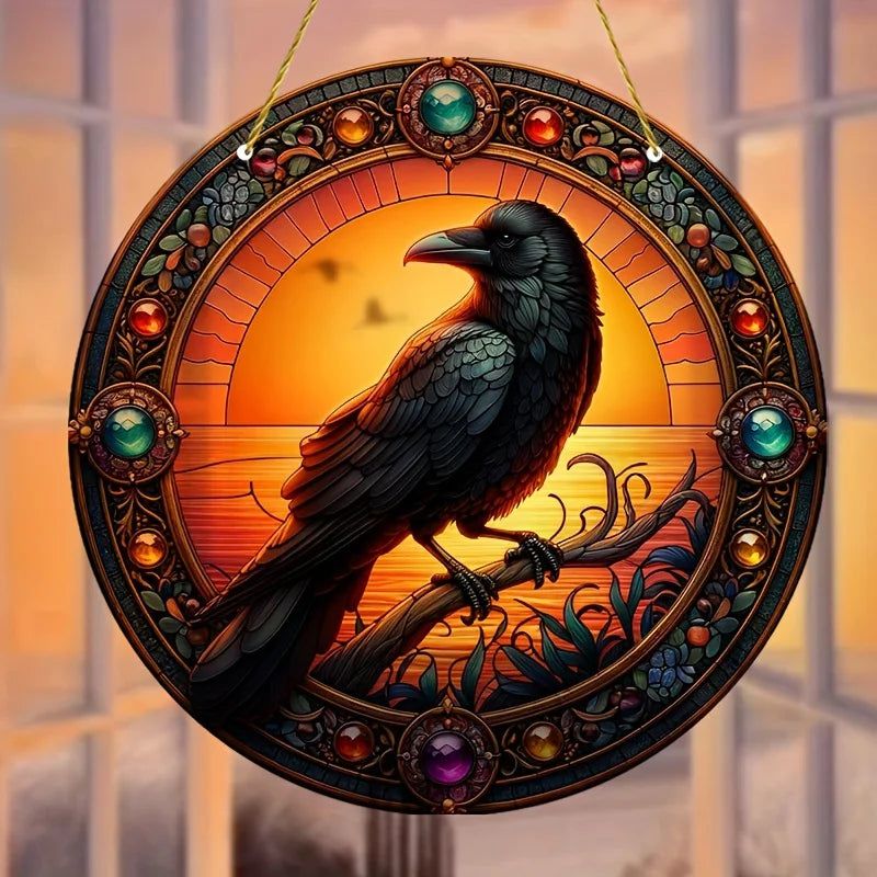 Black Raven Suncatcher Dark Crow Witchy Acrylic Round Sign Gothic Home Decor-MoonChildWorld