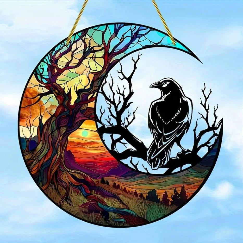 Black Raven Suncatcher Dark Crow Witchy Acrylic Round Sign Gothic Home Decor-MoonChildWorld