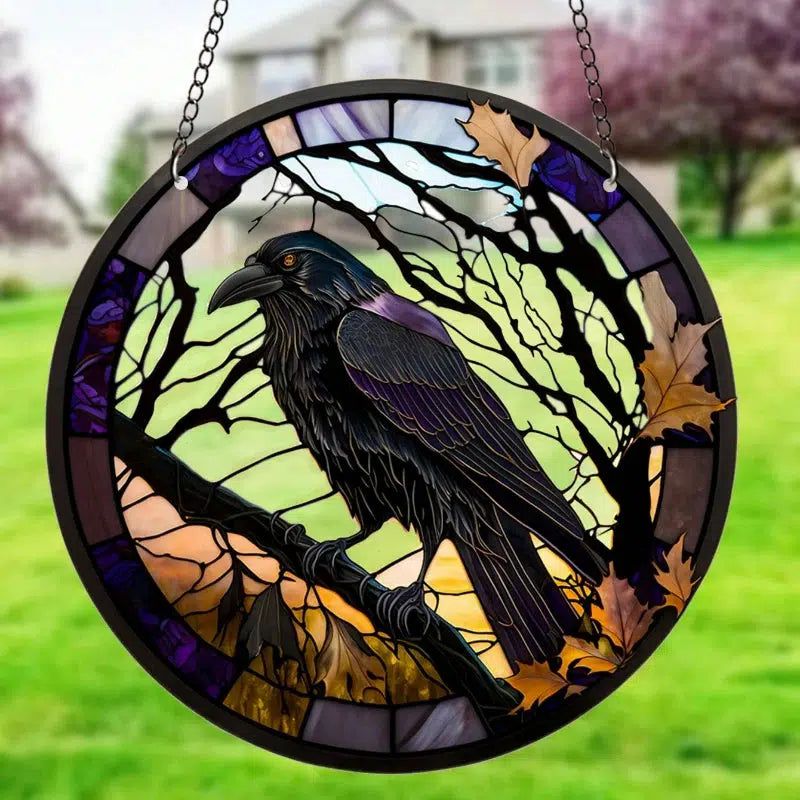 Black Raven Suncatcher Gothic Crow Halloween Acrylic Round Sign-MoonChildWorld