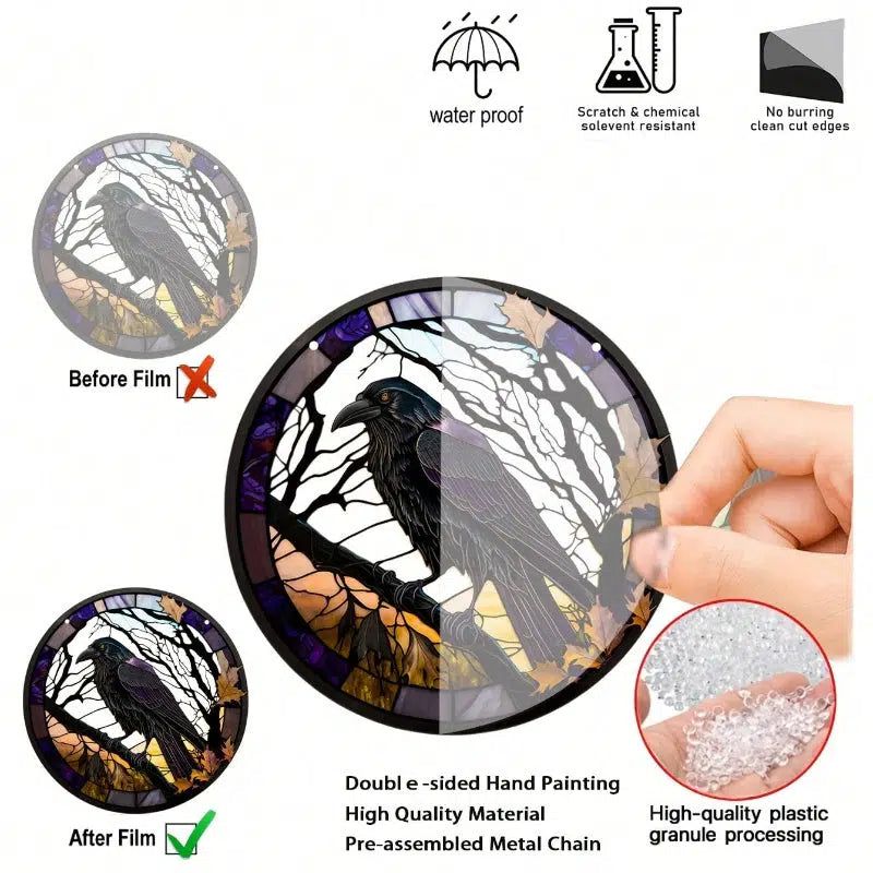 Black Raven Suncatcher Gothic Crow Halloween Acrylic Round Sign-MoonChildWorld