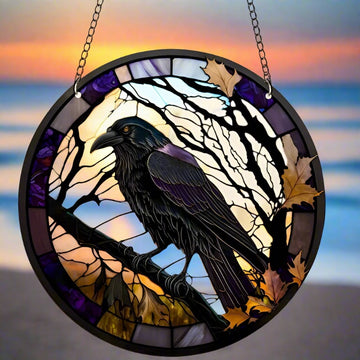 Black Raven Suncatcher Gothic Crow Halloween Acrylic Round Sign-MoonChildWorld