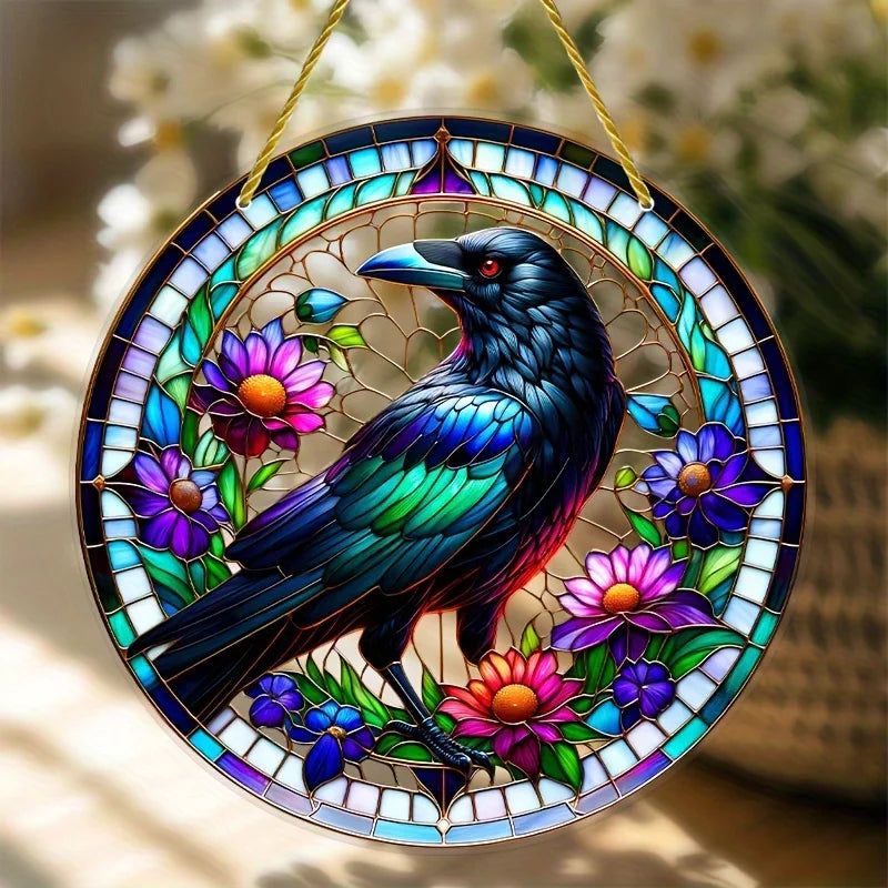 Black Raven Suncatcher Witch Crow Acrylic Round Sign Witchy Decor-MoonChildWorld