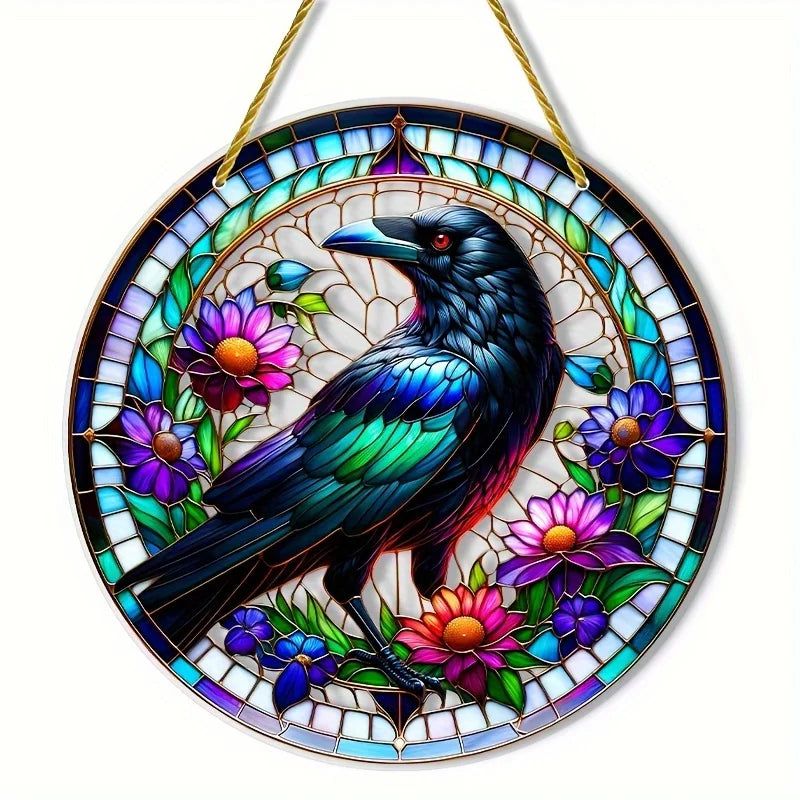 Black Raven Suncatcher Witch Crow Acrylic Round Sign Witchy Decor-MoonChildWorld