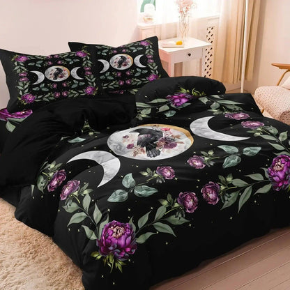 Black Raven Triple Moon Duvet Cover Set Witchy Crow Bedding Set Wiccan Home Decor-MoonChildWorld
