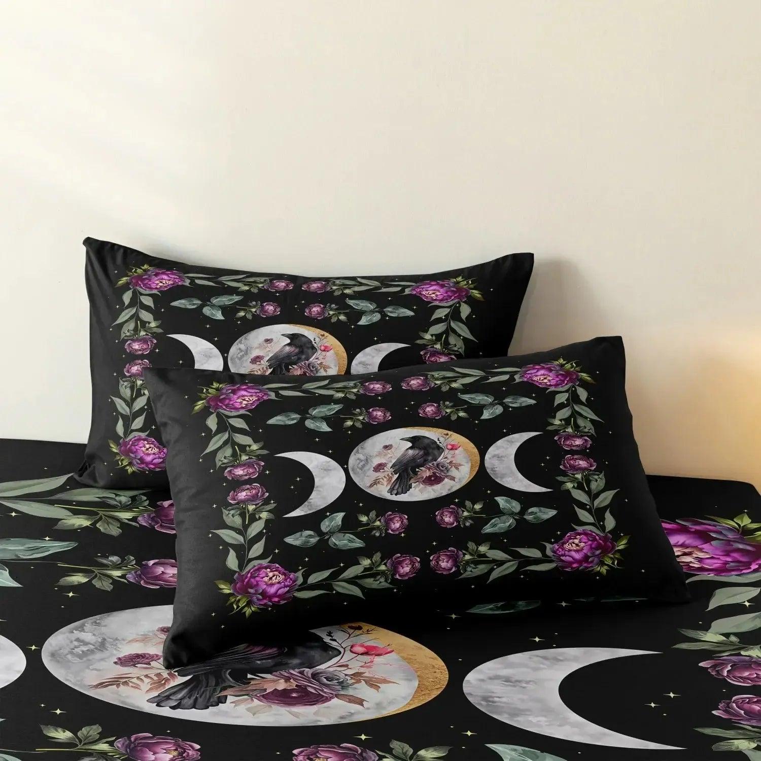 Black Raven Triple Moon Duvet Cover Set Witchy Crow Bedding Set Wiccan Home Decor-MoonChildWorld