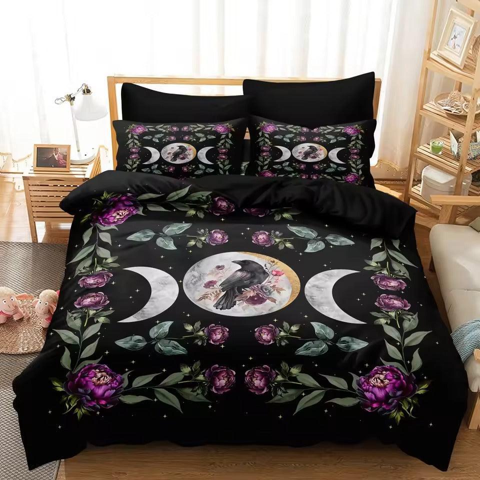 Black Raven Triple Moon Duvet Cover Set Witchy Crow Bedding Set Wiccan Home Decor-MoonChildWorld