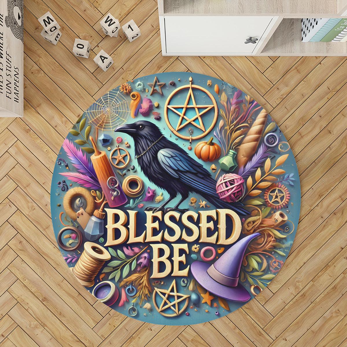 Black Raven Witchy Round Rug Gothic Crow Carpet-MoonChildWorld