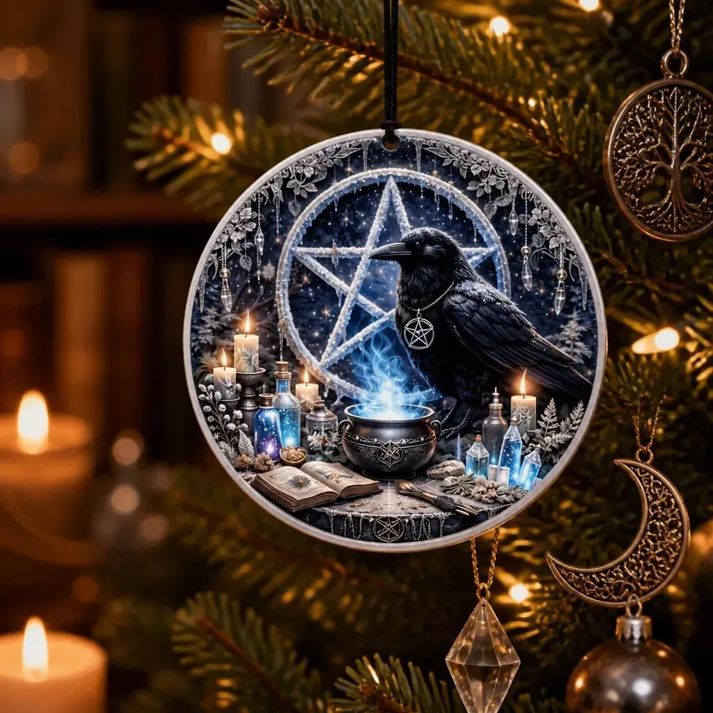 Black Raven Witchy Yule Ceramic Ornament with Pentacle – Gothic Crow Wiccan Christmas Tree Decor_mockup_1.webp