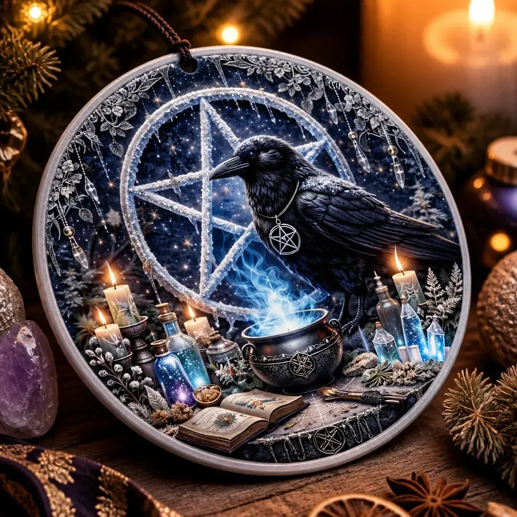 Black Raven Witchy Yule Ceramic Ornament with Pentacle – Gothic Crow Wiccan Christmas Tree Decor_mockup_2.webp