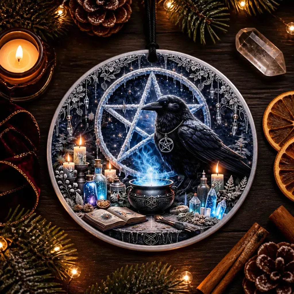 Black Raven Witchy Yule Ceramic Ornament with Pentacle – Gothic Crow Wiccan Christmas Tree Decor_mockup_3.webp