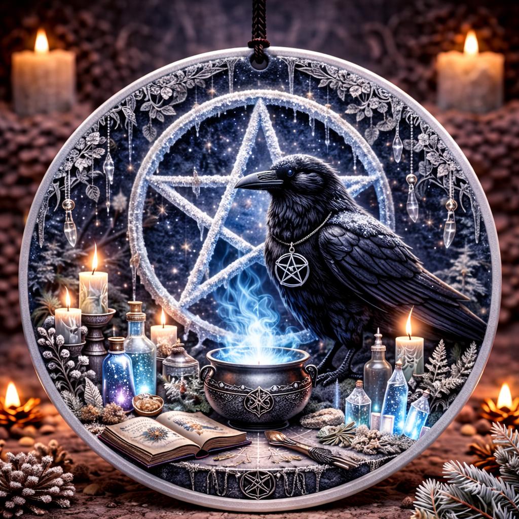Black Raven Witchy Yule Ceramic Ornament with Pentacle – Gothic Crow Wiccan Christmas Tree Decor-MoonChildWorld