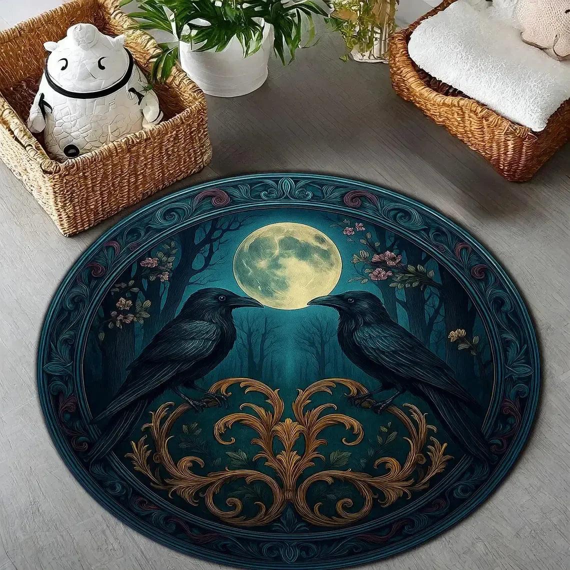 Black Raven and Full Moon Round Rug Gothic Witchy Crow Carpet-MoonChildWorld