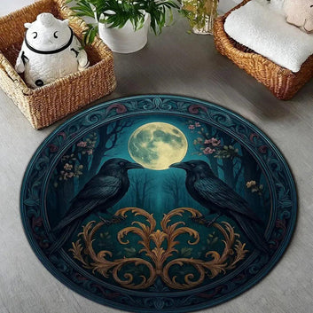 Black Raven and Full Moon Round Rug Gothic Witchy Crow Carpet-MoonChildWorld