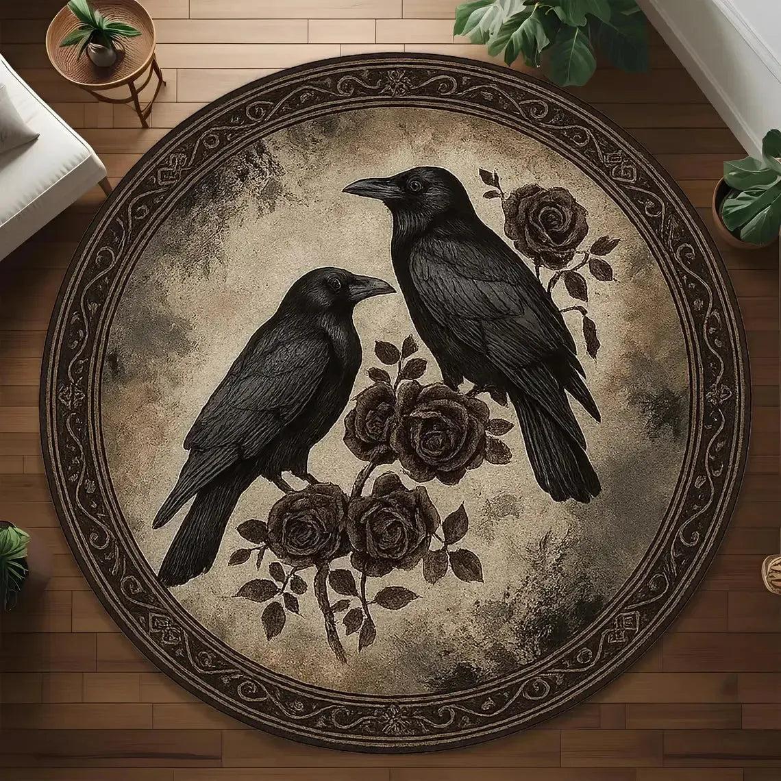 Black Raven and Full Moon Round Rug Gothic Witchy Crow Carpet-MoonChildWorld
