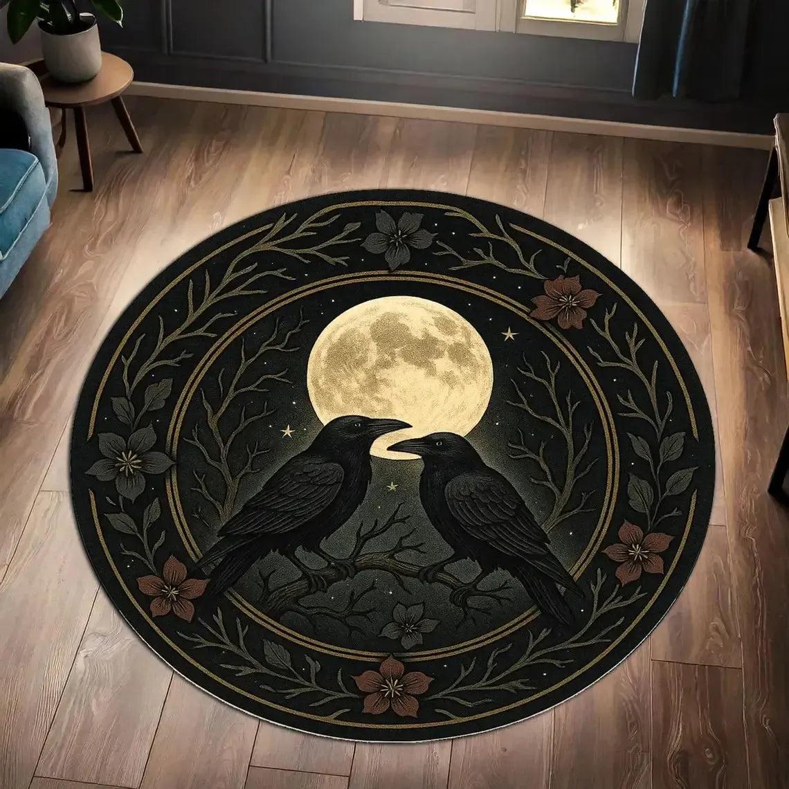 Black Raven and Full Moon Round Rug Gothic Witchy Crow Carpet-MoonChildWorld
