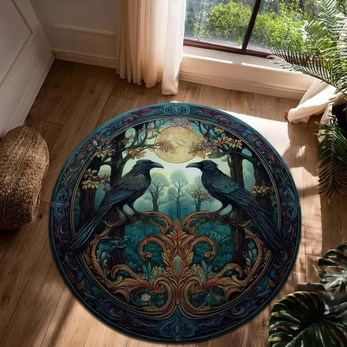 Black Raven and Full Moon Round Rug Gothic Witchy Crow Carpet-MoonChildWorld