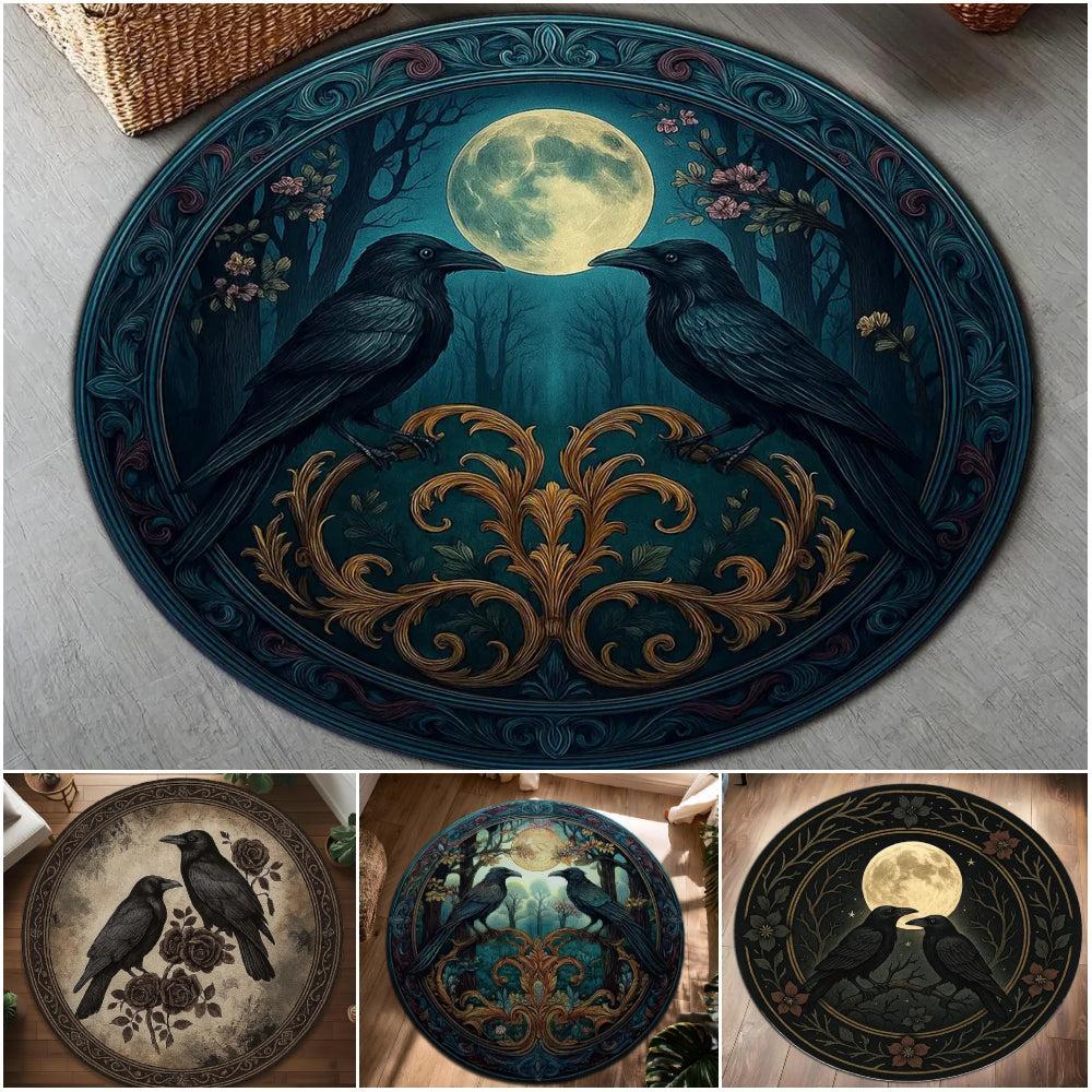 Black Raven and Full Moon Round Rug Gothic Witchy Crow Carpet-MoonChildWorld