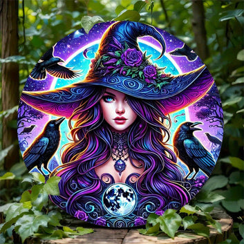 Black Ravens and Witch Wall Art Witchy Metal Sign for Gothic Christmas Decorations-MoonChildWorld