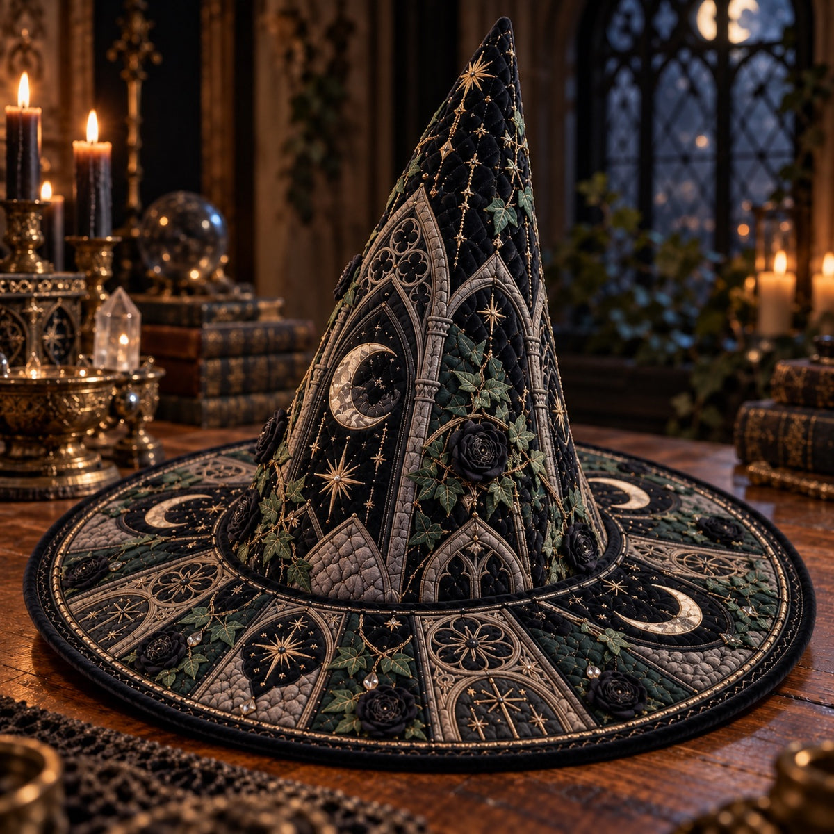 Black Rose Quilted Witch Hat – Gothic Ivy Moon Dark Academia Brim Hat – styled with candles and crystals