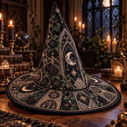 Black Rose Quilted Witch Hat – Gothic Ivy Moon Dark Academia Brim Hat – styled with candles and crystals