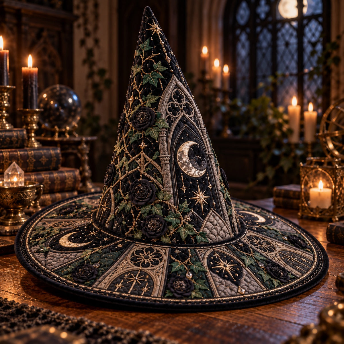 Black Rose Quilted Witch Hat – Gothic Ivy Moon Dark Academia Brim Hat – styled with candles and crystals
