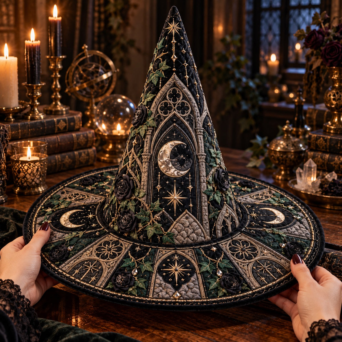 Black Rose Quilted Witch Hat – Gothic Ivy Moon Dark Academia Brim Hat – held in both hands