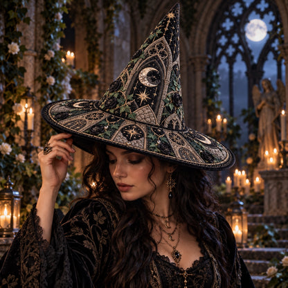 Black Rose Quilted Witch Hat – Gothic Ivy Moon Dark Academia Brim Hat – worn by a model