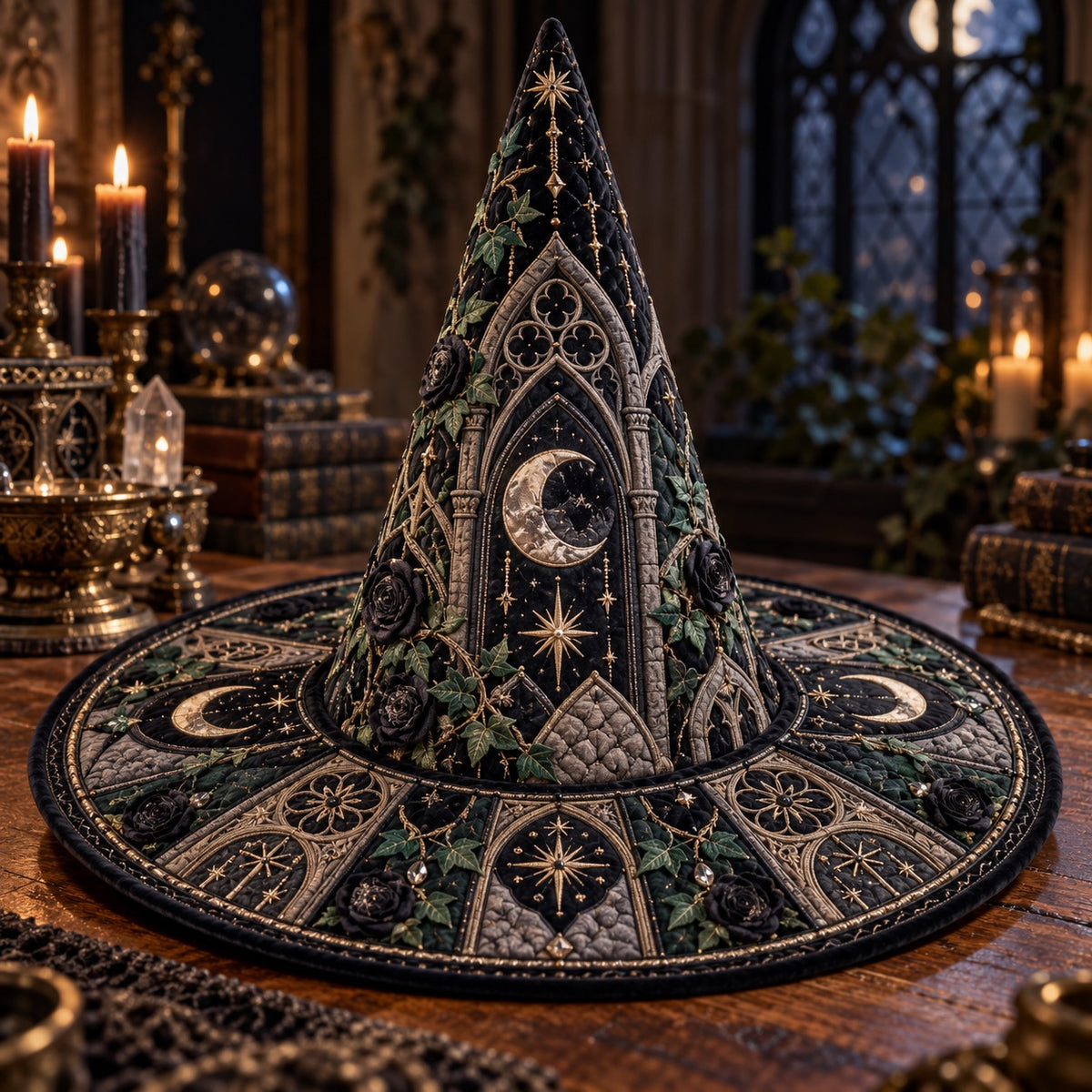 Black Rose Quilted Witch Hat – Gothic Ivy Moon Dark Academia Brim Hat – on an altar table