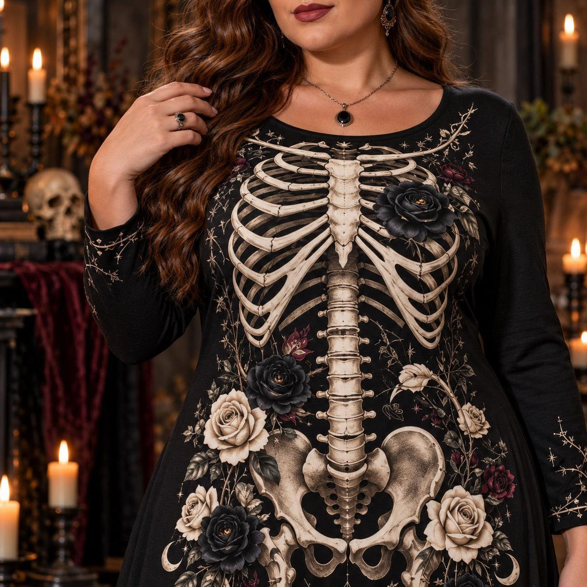 Black Rose Skeleton Plus Size Witch Dress – Gothic Bone Long Sleeve Maxi – close up of the printed artwork