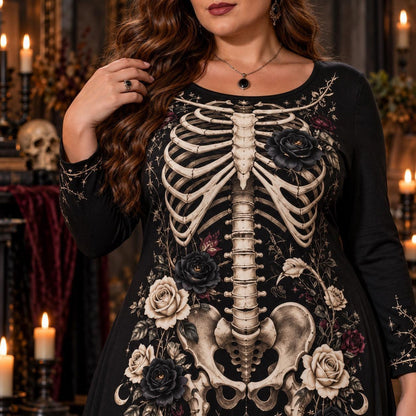 Black Rose Skeleton Plus Size Witch Dress – Gothic Bone Long Sleeve Maxi – close up of the printed artwork